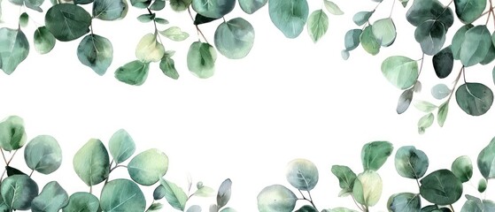 green floral banner with silver dollar eucalyptus and branches leaves in watercolored green isolated on a white background
