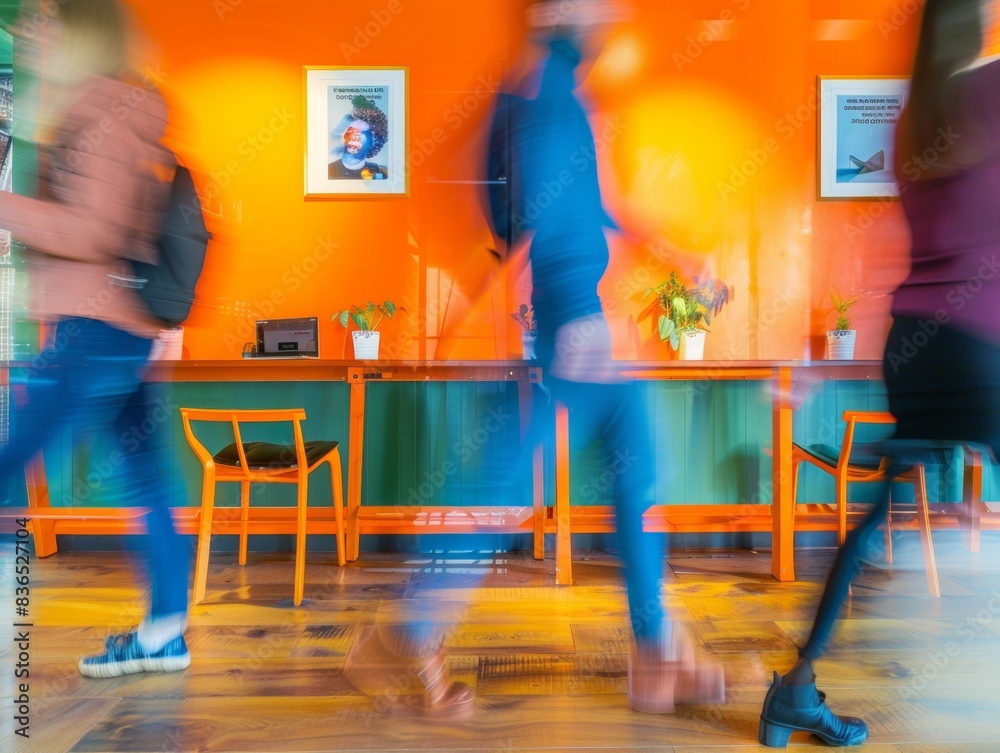 Aufkleber Abstract Blurry Image of Three People in a Vibrant Green and Orange Co-Working Space Using Dynamic Long Exposure Techniques