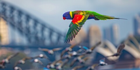 Colorful Lone Bird Expressing Freedom Over a Grey Flock Against Sydney Skyline - Symbol of Dreams...