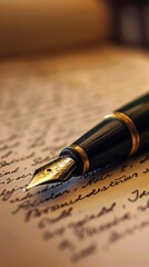 Fountain pen resting on a piece of paper with writing on it