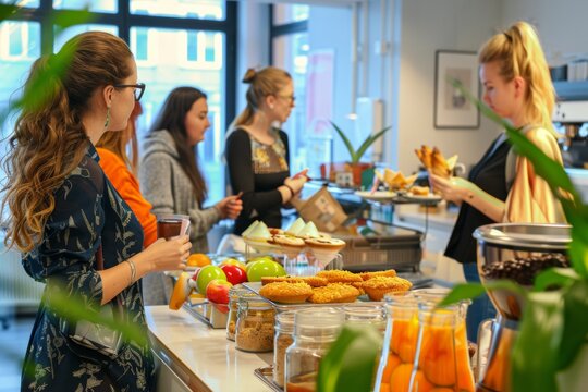 Multicultural Professionals Enjoying Coffee Break in Stockholm's Eco-Friendly Office, Showcasing Work-life Balance and Swedish Fika Culture - Powered by Adobe