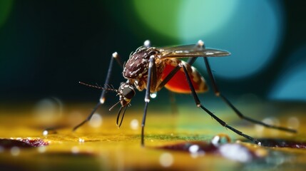 Fototapeta premium A mosquito is standing on a surface, possibly a leaf or a table