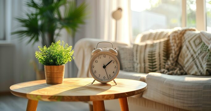 Close up of alarm clock on round wooden table near sofa modern living room, home.