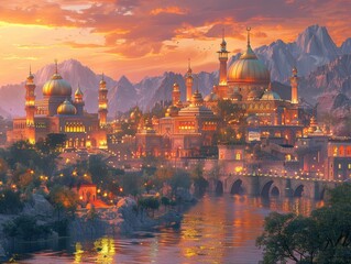 Obraz premium Luxurious Jerusalem at dusk, with ornate palaces, domed buildings and minarets, all illuminated by golden lights