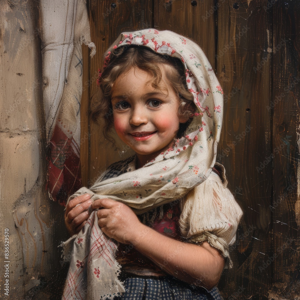 Poster oild painting of a little girl holding and showing a handkerchief