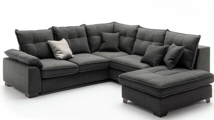 Modern sectional sofa, dark grey upholstery, isolated white background
