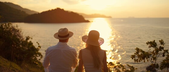 A hat-adorned woman and man sweetheart overlook a calm sea in a lush tropical setting. The wide shot captures the serene vibe, bathed in the warm glow of golden hour light.