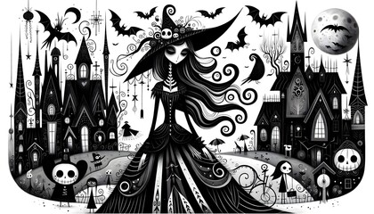 Día de los muertos, Halloween, pintura facial, arte, arte gótico, bruja, mujer, calabaza, cuervo, murciélago, embrujo, pócima, hada, calavera, ilustración, cuento, storybook, retrato, cara, muñeca, fa