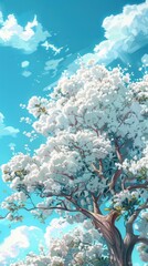 Beautiful Tree with White Flowers Blossoming Under a Clear Blue Sky in Anime Style Artwork