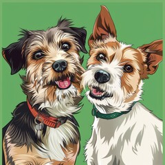 two funny dogs, clean green background, cartoon illustration style