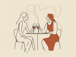 Two women are enjoying wine at the table, minimalistic drawing