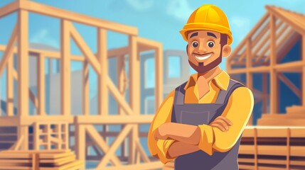 A cartoon illustration of a smiling construction worker wearing a hard hat and overalls, standing in front of a new home frame.