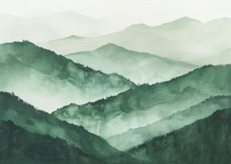 watercolor painting of forest and mountain view in mist simple and artistic style