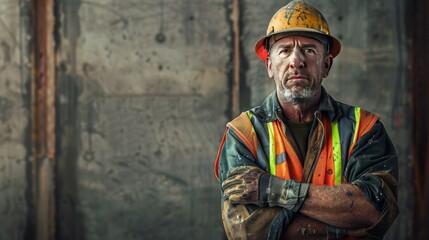 Construction project worker wearing vests and hard helmets, posing with arms crossed. Close up view angle.