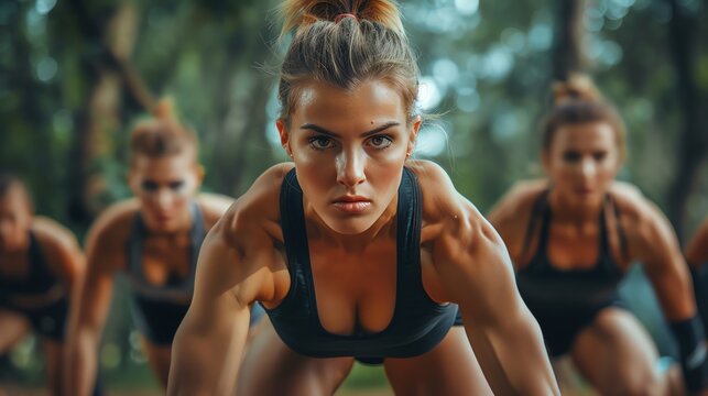 Determined woman leading a group fitness class, running on artificial turf.