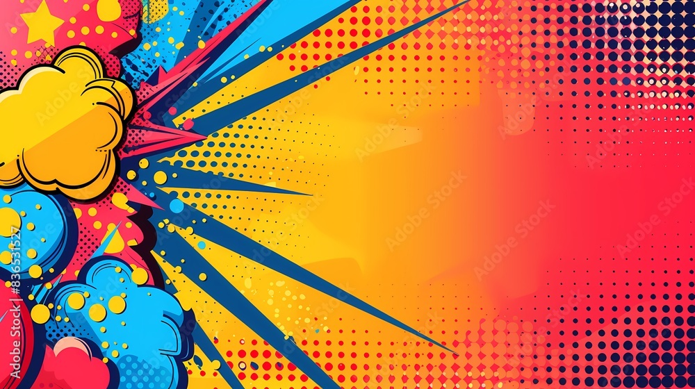 Aufkleber Vibrant pop art background with bold colors and geometric patterns, leaving ample space on the left for text. Bright and lively, featuring comic-style elements and halftone dots