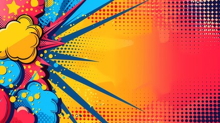 Vibrant pop art background with bold colors and geometric patterns, leaving ample space on the left for text. Bright and lively, featuring comic-style elements and halftone dots © Raffaza