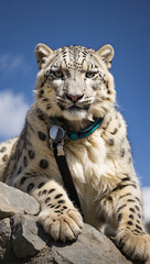 Obraz premium Painting of a leopard standing on a rock in front of a mountain ai generative photo