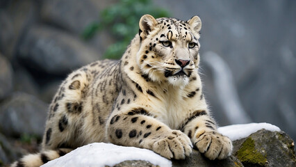 Obraz premium Painting of a leopard standing on a rock in front of a mountain ai generative photo