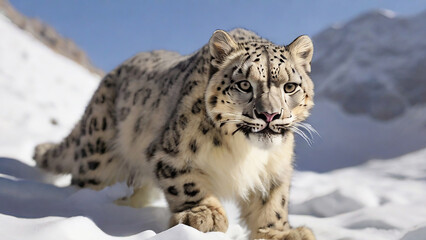 Obraz premium Painting of a leopard standing on a rock in front of a mountain ai generative photo