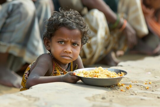 Young child sitting on the ground eating food, social issue background