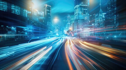 Smart digital city with high speed light trail of cars of digital data transfer