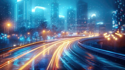 Naklejka premium Smart digital city with high speed light trail of cars of digital data transfer