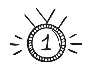 First place medal Doodle outline gold medal. Hand drawn vector award decorative icon. 