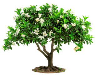 Blooming green tree with white flowers isolated on white background, perfect for nature, gardening, and spring-related projects.