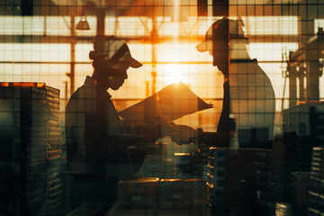 Customs clearance team reviewing shipment paperwork close up, focus on, copy space Organized and efficient atmosphere Double exposure silhouette with stamps and files.