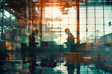 Customs clearance team reviewing shipment paperwork close up, focus on, copy space Organized and efficient atmosphere Double exposure silhouette with stamps and files.