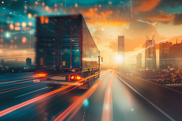 Delivery truck on an optimized route through city close up, focus on, copy space Dynamic and vibrant colors Double exposure silhouette with cityscape and truck.