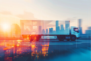 Delivery truck on an optimized route through city close up, focus on, copy space Dynamic and vibrant colors Double exposure silhouette with cityscape and truck.
