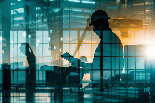 Customs clearance team reviewing shipment paperwork close up, focus on, copy space Organized and efficient atmosphere Double exposure silhouette with stamps and files.
