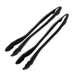 Set of three black plastic tong, perfect for kitchen and cooking utensil concepts.