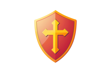 Shiny red and gold shield with a cross, symbolizing protection, strength, and faith. Ideal for design, logo, or emblem concepts.