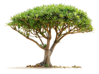 Isolated dragon tree against white background. Lush green foliage and unique branching create an extraordinary natural shape.