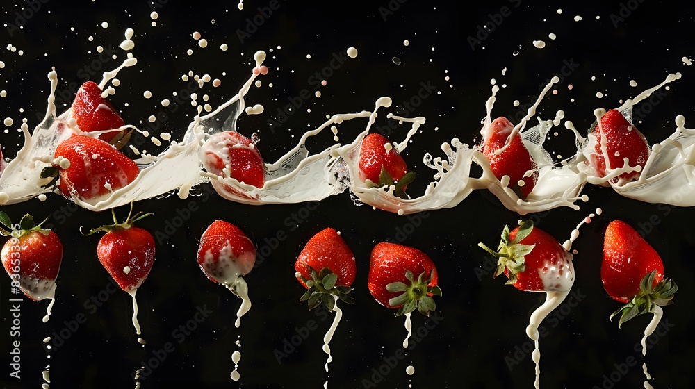 Wall mural creative food concept with strawberries splashing into milk