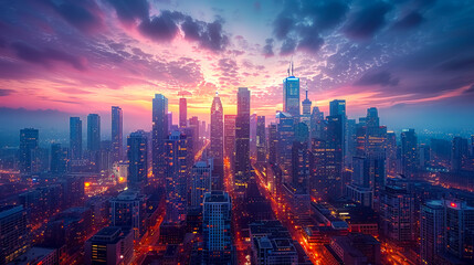 Fototapeta premium City Skyline at Dusk: Urban Exploration in Vibrant City