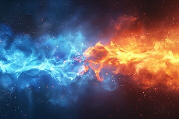 Obraz premium A dynamic scene depicts a magic explosion, resembling a bomb boom game effect. 3D cartoon-like blue and orange flames surge upward amidst rising smoke, with traces of magical weapon shots creating clo