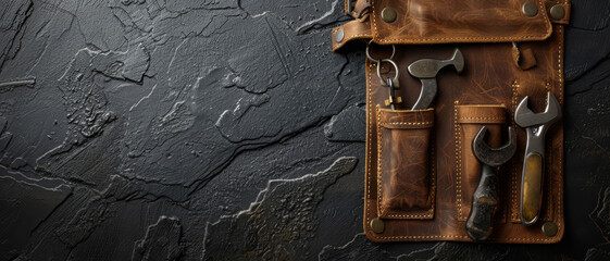 Tool belt with tools on plain surface, space for text,
