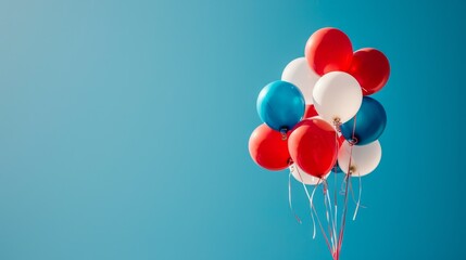 Red, white, and blue balloons floating against a clear sky,