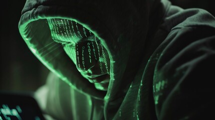 Digital Intrusion Mysterious Hacker in Hoodie Unleashing Cyber Chaos with Green Code Illuminating Their Face