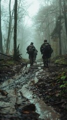 Soldiers navigate a muddy forest path shrouded in fog, with towering trees looming in the blurred background, evoking an atmosphere of tension and uncertainty.


