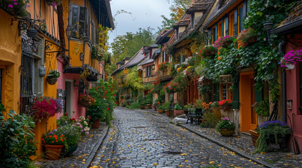 Fototapeta premium Historic European Street: Charming Cobblestone Alley with Cafes