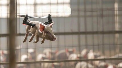 A drone flying over a pig farm collecting data on feed levels temperature and air quality to optimize conditions for the animals.