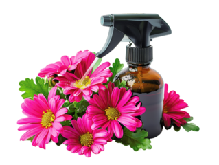 Rustic amber spray bottle with vibrant pink daisies, perfect for natural and organic product promotions and advertising.