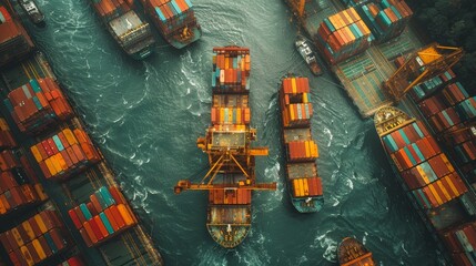 Aerial view of cargo ships and colorful containers in a bustling port, showcasing industrial activity and maritime logistics.