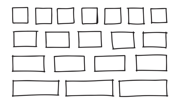 Free outline hand drawn vector squares, rectangles different sizes. Scribble rectangular frames set. Freehand square borders. Text highlight underline. 
