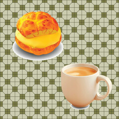 3D Hong Kong Food. Hong Kong Milk Tea Cup . Pineapple bun with butter